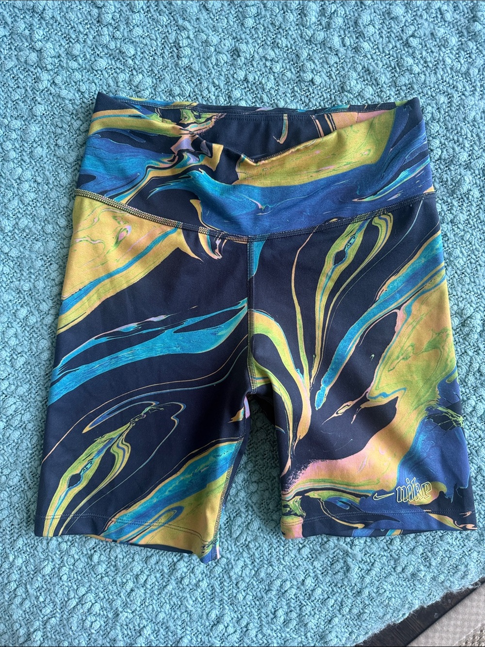 Nike dri fit Aura Multicolor Swirl Athletic Bike Shorts - Blue/Green/Yellow